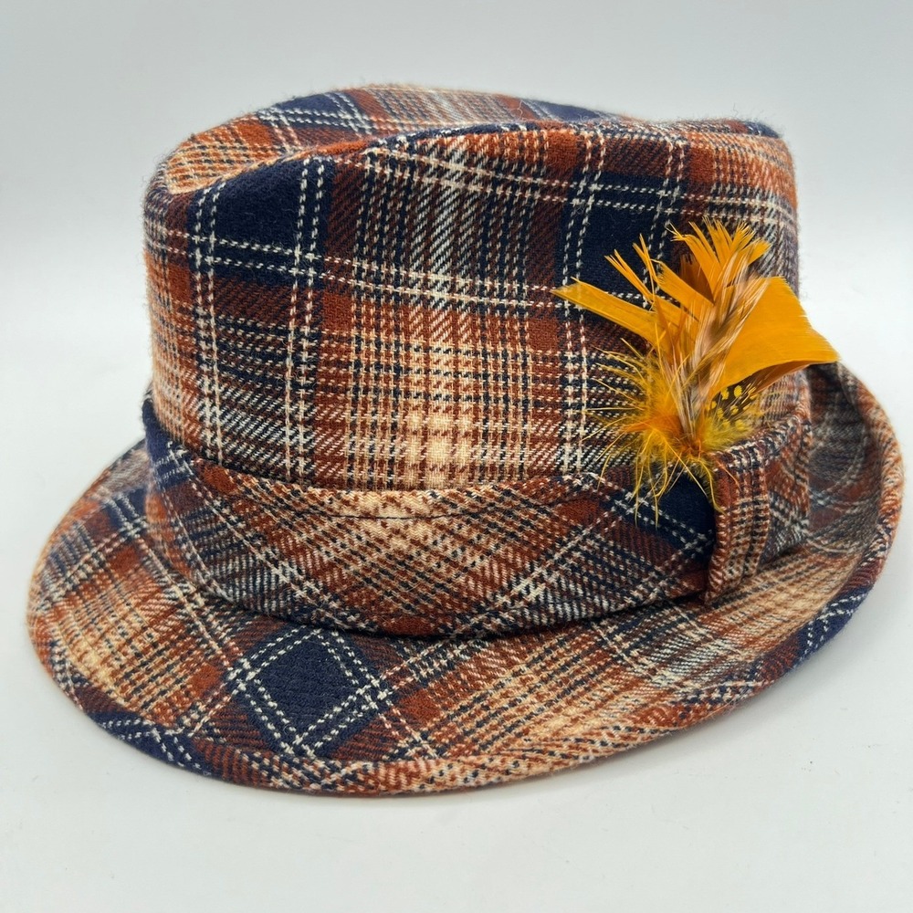 Vintage Pendleton Plaid Virgin Wool Fedora Hat Men's 6 7/8 Feather Accent‎ Fall